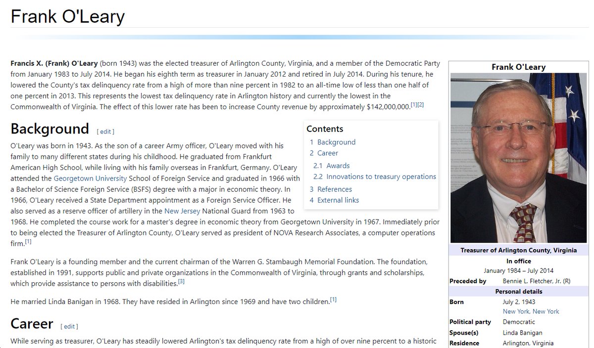 Very sorry to hear that former Arlington Treasurer Frank O'Leary has died. Among other things, Frank loved crunching the numbers on elections &amp; extrapolating what turnout might look like, etc. He also raised a ton of money for charities, including people with disabilities. RIP.
