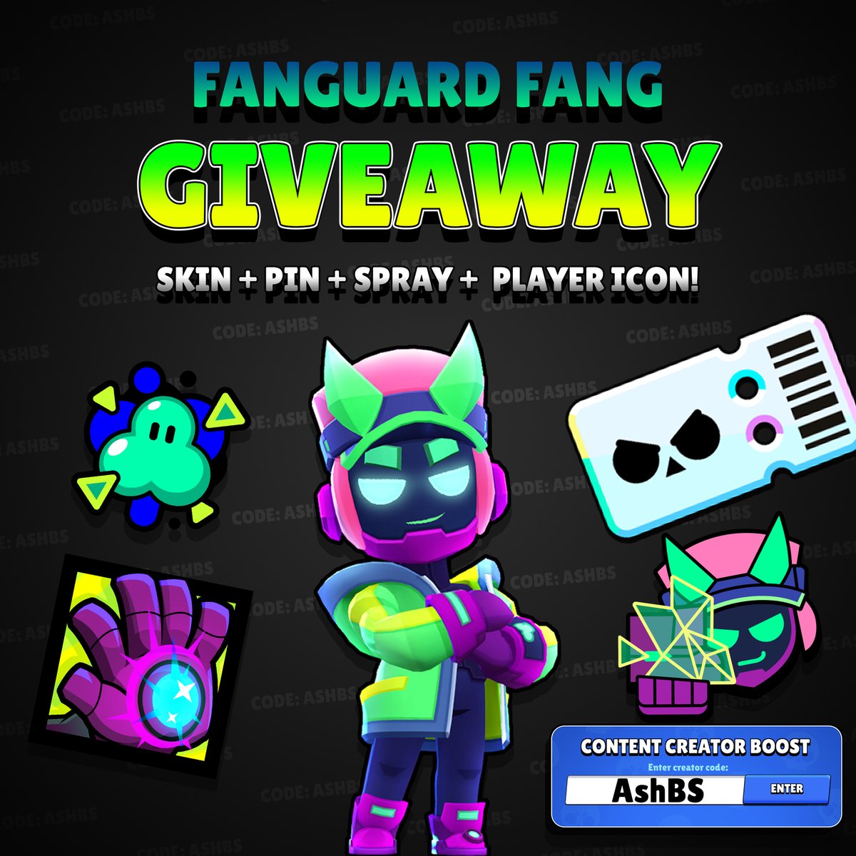 GIVEAWAY: Fanguard Fang and accessories OR Brawl Pass Plus! 🎫

Winners choose between 199 Gems or Brawl Pass Plus, which will sent sent to their account! 

To enter:
❤️ Like and Follow me <a href="/AshClashYT/">Code: AshBS</a>
❤️ Use code AshBS in the Shop!

That’s it! I will choose one winner here and