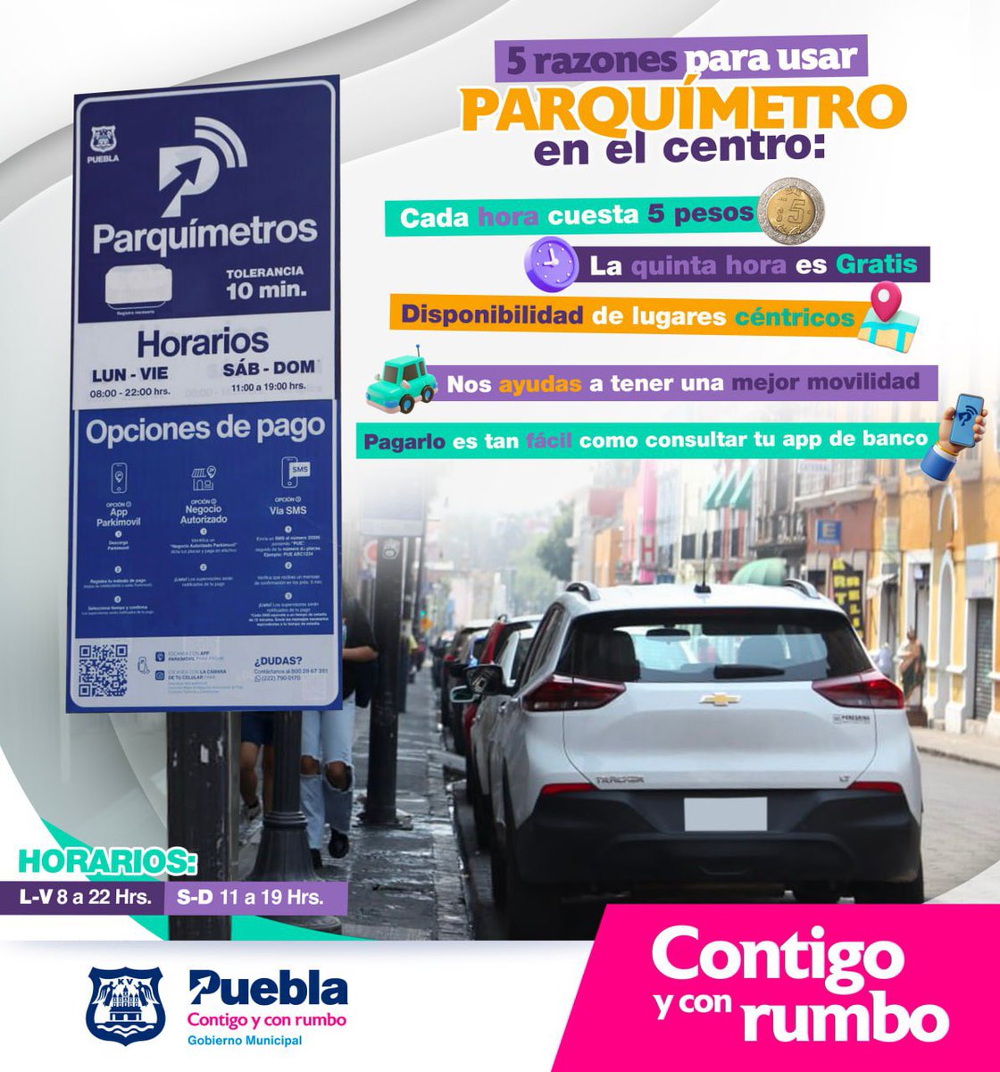 PueblaAyto's tweet photo. 🅿️ Utiliza el servicio de parquímetros en el primer cuadro de la ciudad. Paga a tiempo y evita sanciones. 🧾

#ContigoYConRumbo https://t.co/MBXrW12P8x
