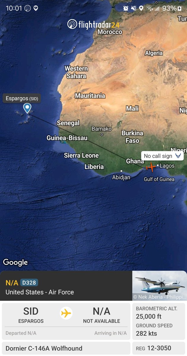 Borrowed7Time's tweet photo. USAF Special Operations Command C-146A Wolfhound 12-3050 #AE68BC out of Espargos (SID), eastbound along the Benin coast. Flight originated in Stuttgart with stops at TOJ, CMN & LPA.
@Dinlas3 https://t.co/NR5lIS4g3P