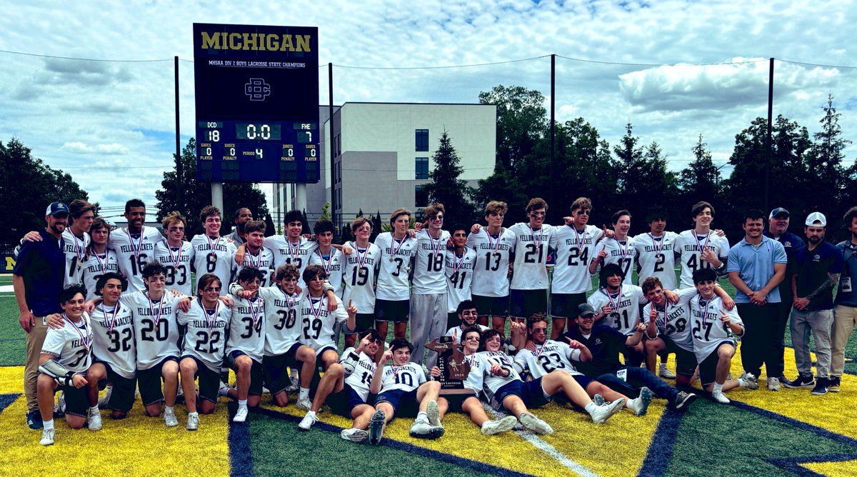 MEN’S LACROSSE: Here are your <a href="/MHSAA/">MHSAA</a>  Div. 2 state champions! <a href="/DcdsLacrosse/">DCDSLacrosse</a> defeats FHE 18-7 to earn their 4th state title, and the first for an east Michigan team in 7 years. Congrats to our players, coaches, and staff on a wonderful season! #GoJackets