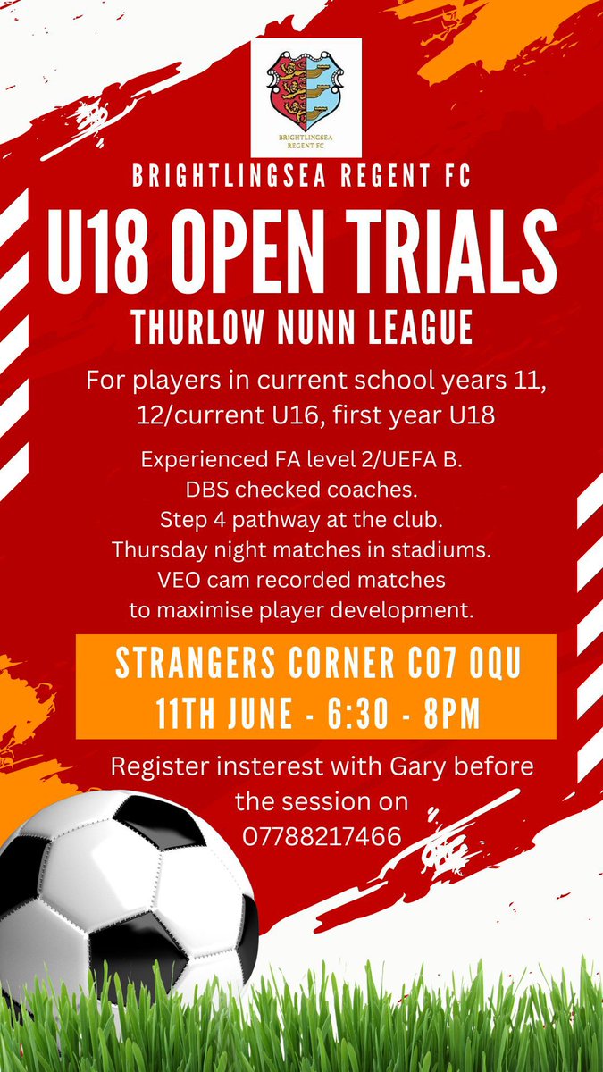 Grassrootsfoot4's tweet photo. New @Brightlingseafc #Thurlownunn #u18s.
#Brightlingsea #Wivenhoe #GreatBentley #Clacton #Colchester #Essex #football
Last trial next Tuesday https://t.co/cn9LAXx7R4