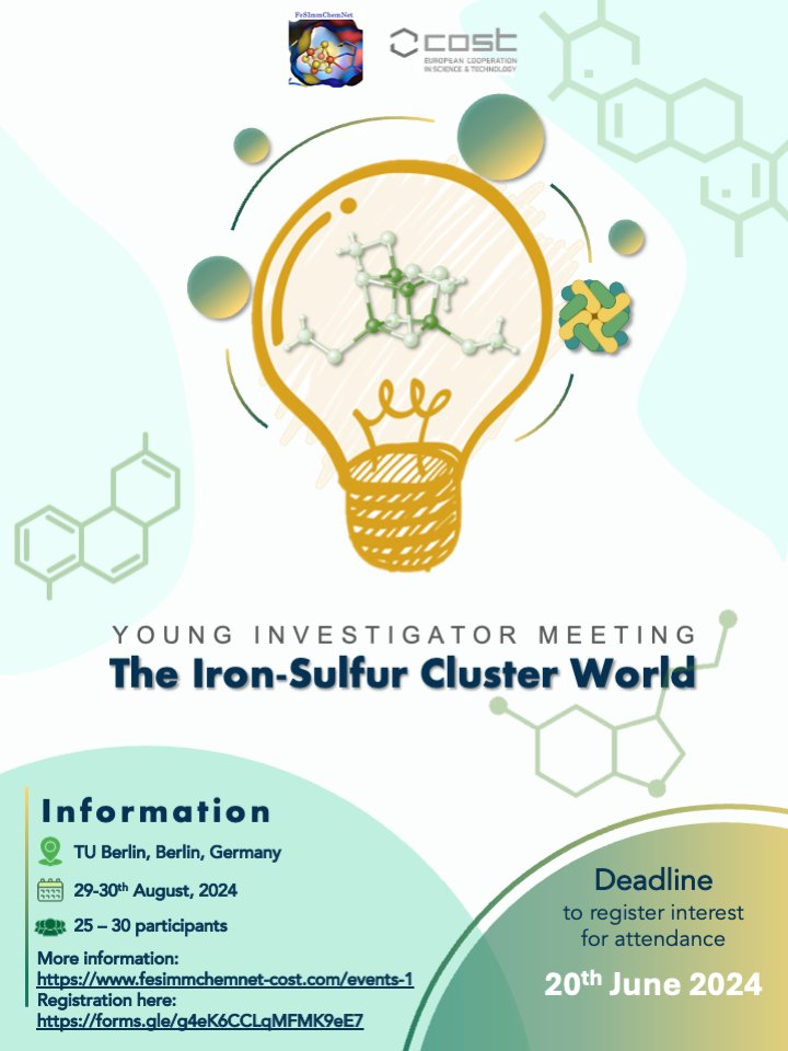 🚀 Excited to announce the Young Investigator Meeting by COST Action 21115 – FeSImmChemNet!
📅 Date: 29-30 August 2024 
📍 Location: TU Berlin, Germany  
Registration form: forms.gle/shC7jd9i7bwaut…
Don't miss this chance to connect &amp; collaborate! 🙌 <a href="/COSTprogramme/">COST</a> <a href="/TUBerlin/">TU Berlin</a>