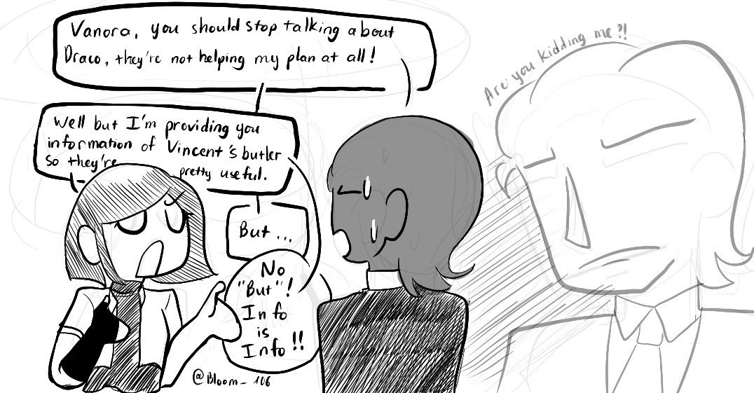 Continuation 
I had a lot of fun drawing these so thank you Ash so much for suggesting this idea again ＼＼\(۶•̀ᴗ•́)۶//／／
Full page below 👇 
(5/5)
 
#VTSOM #Dranora 
#VincentthesecretofMyers