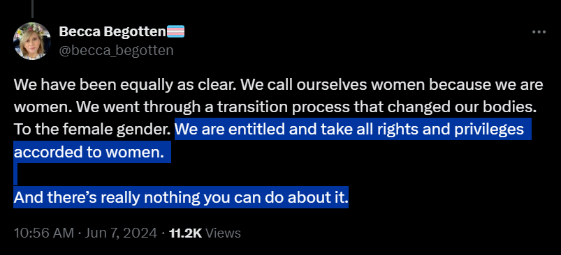 wrenwright's tweet image. Mask off admission from a TIM -- "We are entitled and take all rights and privileges accorded to women. And there's really nothing you can do about it."
