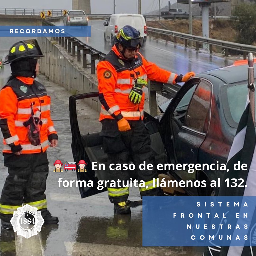 ☔️SISTEMA•FRONTAL☔️ Por condiciones climáticas adversas, reiteramos, extremar medidas de cuidado: 
🚙🚗 Reducir la velocidad, encender las luces y conducir con precaución.
🪵 Antes de usar chimeneas asegurar su estado de mantención.
👨🏻‍🚒🚒👩🏻‍🚒 En caso de emergencia ¡LLÁMENOS AL 132!