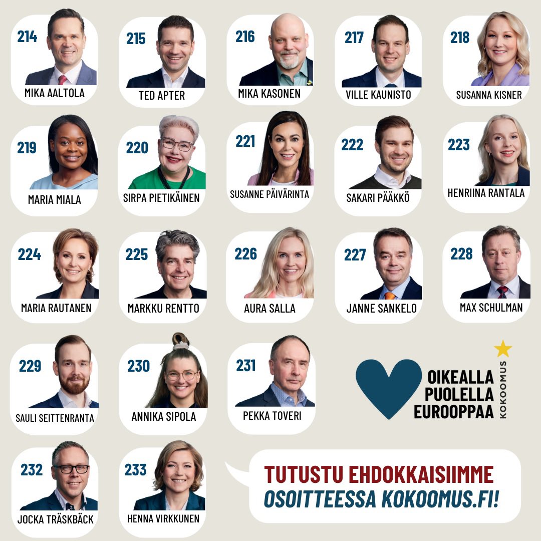 Eurooppa tarvitsee hötkyilemättömiä päättäjiä kovina aikoina. Voin suositella Kokoomuksen ehdokkaita. He toimivat Suomen etu ja turvallisuus edellä, Euroopan kehittämisen ja Ukrainan tuen puolesta. Pyydän tukeasi vakaudelle ja tulevaisuudelle #kokoomus #epp #eurooppa #eurovaalit