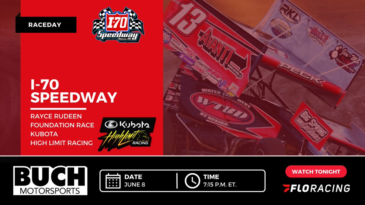 Buch Motorsports (@buchsprint13) on Twitter photo We're back at I-70 for the <a href="/RayceRudeenFdn/">Rayce Rudeen Foundation</a> Finale.
🏎: <a href="/justin_peck5/">Justin Peck</a> | <a href="/HighLimitRacing/">High Limit Racing</a>
📍: Odessa, Missouri
🏁: <a href="/i70_speedway/">I-70 Speedway</a>
🕰️: 7:15 p.m. ET.
📺: <a href="/FloRacing/">FloRacing</a>
WATCH HERE >> flosports.link/justinpeck We're back at I-70 for the <a href="/RayceRudeenFdn/">Rayce Rudeen Foundation</a> Finale.
🏎: <a href="/justin_peck5/">Justin Peck</a> | <a href="/HighLimitRacing/">High Limit Racing</a>
📍: Odessa, Missouri
🏁: <a href="/i70_speedway/">I-70 Speedway</a>
🕰️: 7:15 p.m. ET.
📺: <a href="/FloRacing/">FloRacing</a>
WATCH HERE >> flosports.link/justinpeck