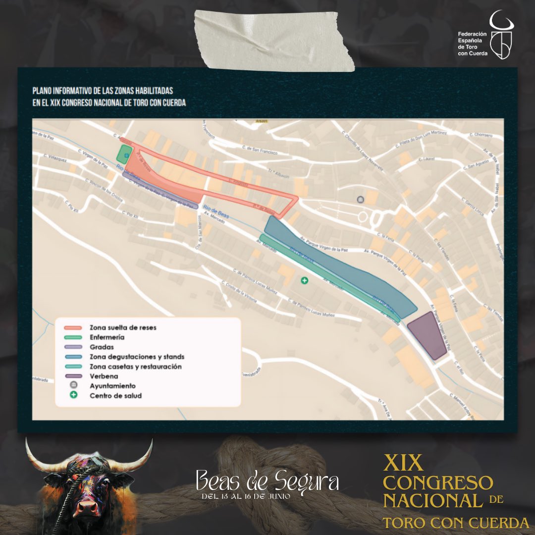 FETorodeCuerda's tweet photo. 𝗠𝗔𝗣𝗔 𝗖𝗢𝗡𝗚𝗥𝗘𝗦𝗢 𝗕𝗘𝗔𝗦 𝗗𝗘 𝗦𝗘𝗚𝗨𝗥𝗔

🔃 Recorrido. 
🏟️ Gradas.
🫒 Feria Gastronómica.
🎉 Verbena.
🅿️ Aparcamientos.

#toroconcuerda #torodevida #BeasdeSegura2024 https://t.co/dyLiarsY71