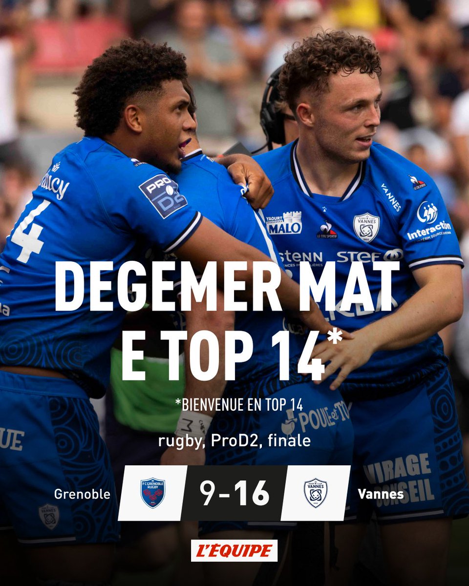 Vainqueur de Grenoble (16-9), en finale de Pro D2, ce samedi, Vannes accède au Top 14. Une première pour un club breton. ow.ly/Ynxt50Scp4C