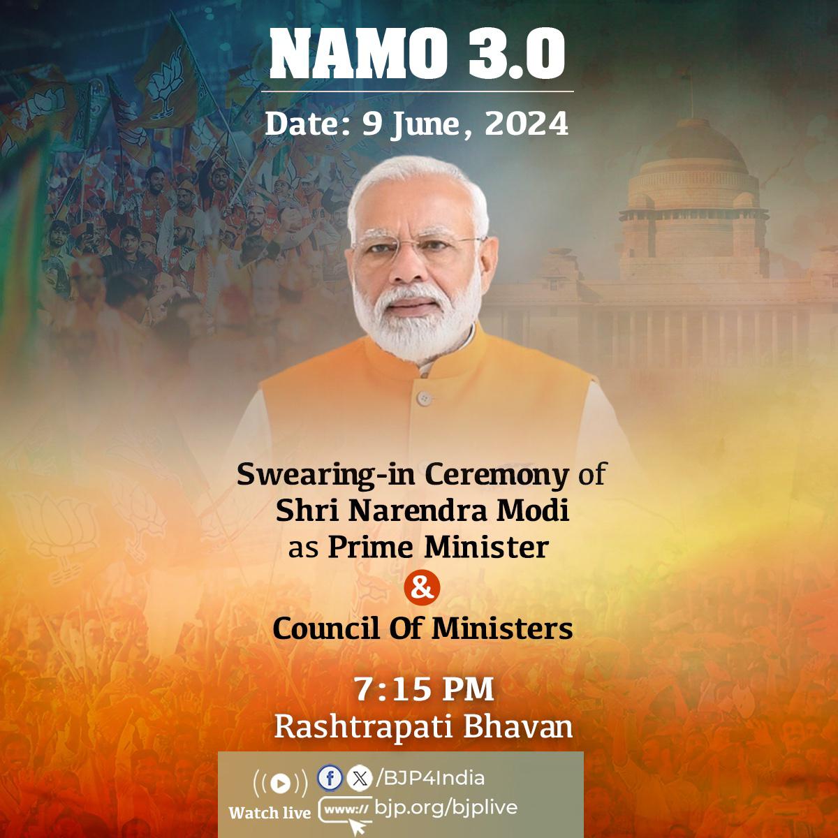 Watch the 𝙨𝙬𝙚𝙖𝙧𝙞𝙣𝙜-𝙞𝙣 𝙘𝙚𝙧𝙚𝙢𝙤𝙣𝙮 𝙤𝙛 𝙂𝙡𝙤𝙗𝙖𝙡 𝙡𝙚𝙖𝙙𝙚𝙧 Hon'ble Shri @NarendraModi ji as Prime Minister on 9th June 2024.

#ModiAgain