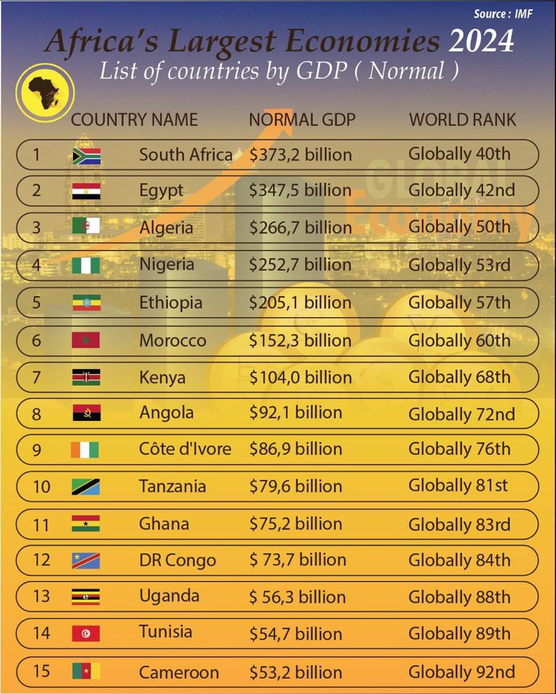 According to the International Monetary Fund’s projection, Nigeria will move from 1st to 4th largest economy by end of 2024, behind South Africa, Egypt and Algeria with a GDP estimated at $253 billion.

#imf #gdp #economy #businessday