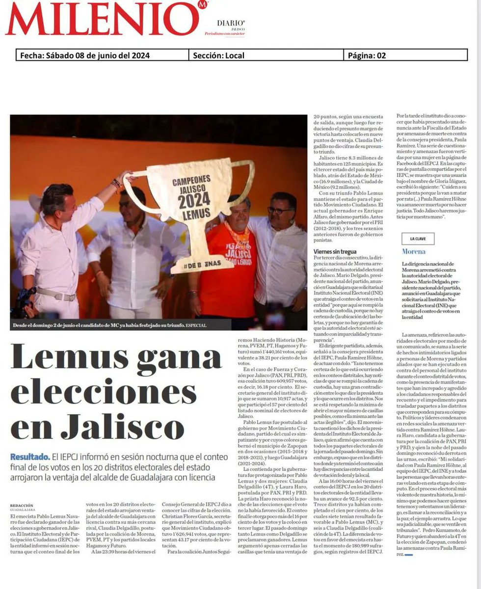 PabloLemusN's tweet photo. ¡Ganó la voluntad de las y los jaliscienses!

Hoy celebramos un triunfo que pertenece a cada uno de ustedes. Muchas gracias por su confianza, apoyo y el cariño que nos han demostrado. 

Trabajaremos bien y de buenas para defender a Jalisco y darle continuidad a los buenos gobiernos 🍊. Nuestro compromiso es estar siempre cerca de ustedes, escuchando sus necesidades y respondiendo con acciones concretas que mejoren la calidad de vida de todas y todos.

Nos esperan grandes retos, pero también grandes oportunidades. Con su apoyo, estamos listos para enfrentar cada desafío y convertirlo en un avance para nuestro estado. La fuerza y la voluntad de nuestra gente son las bases sobre las cuales construiremos un Jalisco más próspero, seguro y justo.

Gracias 🙏 de todo corazón ❤️. Seguiremos trabajando juntas y juntos, con pasión y dedicación, para hacer de Jalisco un lugar del que todos podamos sentirnos orgullosos. ¡Ánimo!