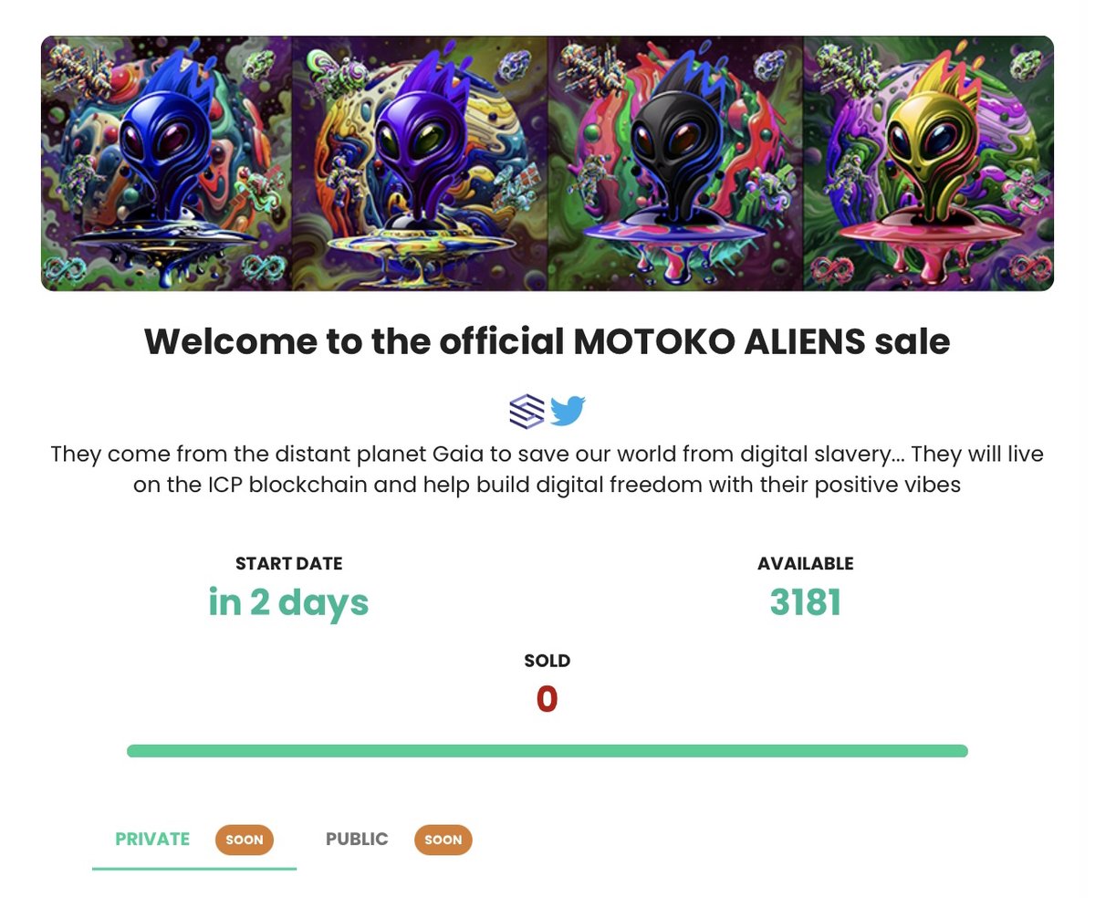 GrungyGeezers's tweet photo. MOTOKOALIENS is now on ToniqMarket , will like live in the next 2 days .

Total Collection: 3333 nfts 
Mint Date : Monday 10th June 2024
Mint Price : 0.35 icp

All #Motokodoodles , #Motokostikies , #ICghost , #Motokoghost , #Motokomech , #Motoko_monsters ,#grungygeezer ,#Yral_pass holders are all whitelisted . All
@MotokoDoodles
, #Motokostikies ,
@ghost_icp
,
@MotokoGhosts
,
@Motoko_Monsters
,
@GrungyGeezers
,
@Yral_app
pass holders are  whitelisted