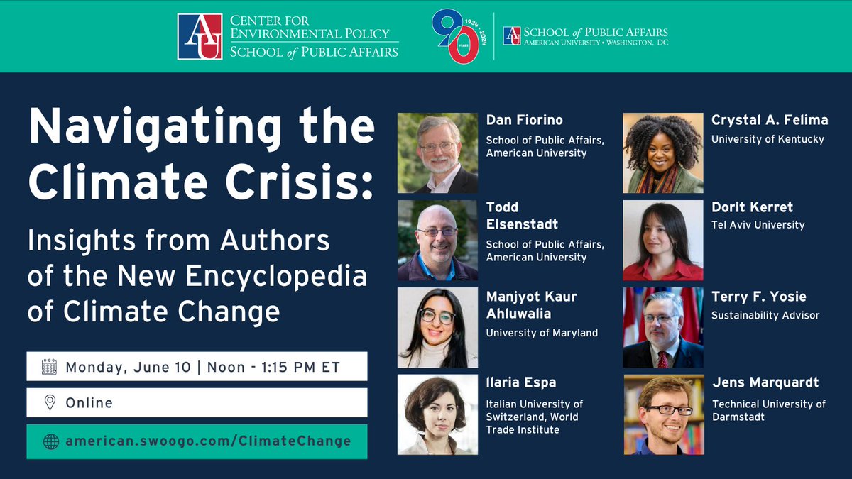 Interested in #climatepolicy? Join us virtually on June 10 to launch the Elgar Encyclopedia of Climate Policy (e-elgar.com/shop/gbp/elgar…), a freshly released compendium featuring 89 articles by 101 authors. Register here: american.swoogo.com/climatechange
<a href="/djfiorino/">Daniel J. Fiorino</a> <a href="/TUDarmstadt/">TU Darmstadt</a> <a href="/AmericanU/">American University</a>