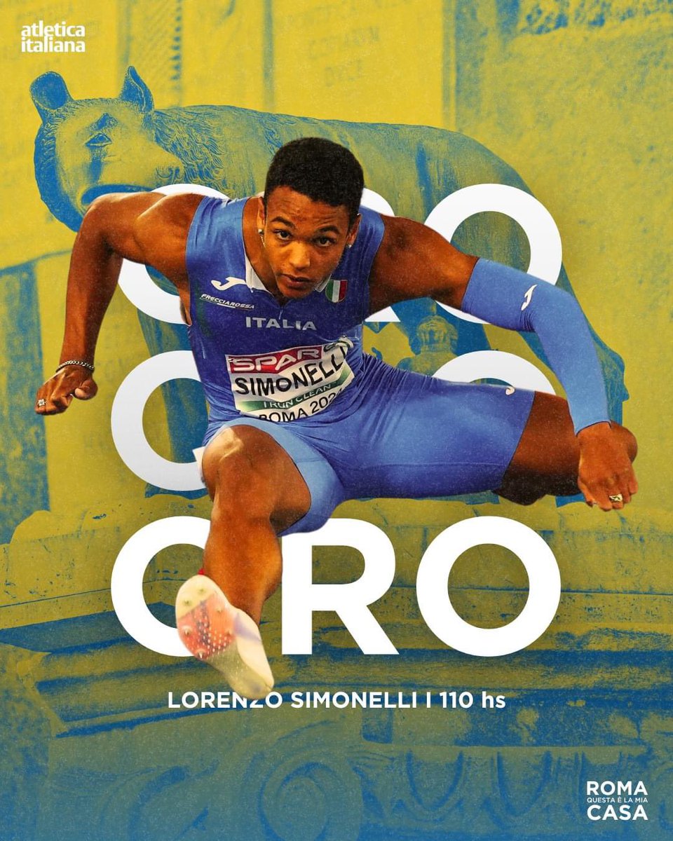 atleticaitalia's tweet photo. 🥇 𝐒𝐈𝐌𝐎𝐍𝐄𝐋𝐋𝐈 𝐎𝐑𝐎 𝐃𝐀 𝐋𝐄𝐆𝐆𝐄𝐍𝐃𝐀𝐀𝐀𝐀

Delirio allo stadio Olimpico, Lorenzo Simonelli trionfa agli Europei di Roma con un clamoroso record italiano di 13.05 (+0.6) nei 110 ostacoli 

BIGLIETTI 👉 https://t.co/OfeNNcUShI

#atleticaitaliana #Roma2024 https://t.co/E7y7o5TsEk