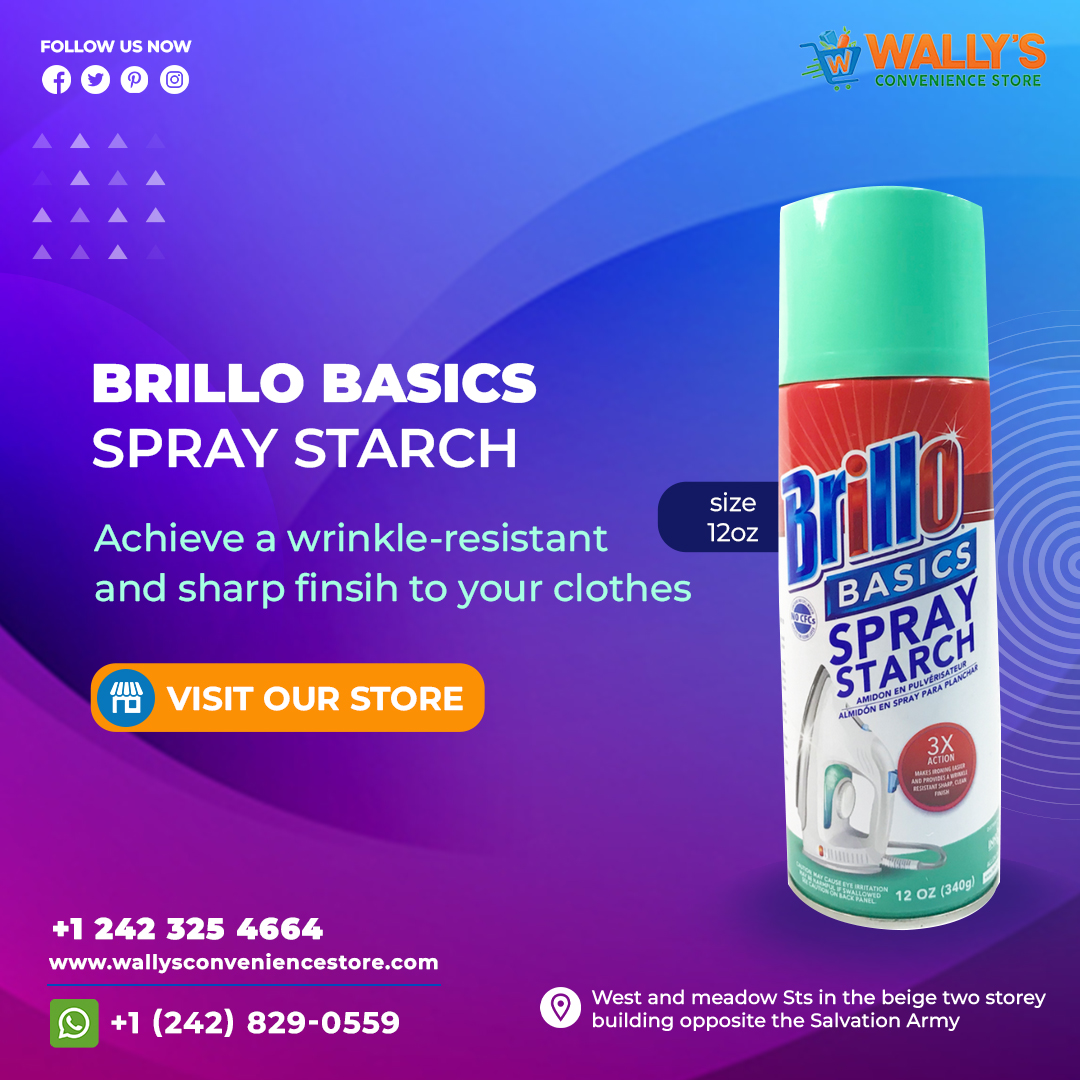 Wallysstore's tweet photo. Achieve a wrinkle-resistant, sharp finish with #Brillo Basics Spray Starch. Makes ironing easier and your clothes look professionally pressed. Available in a 12oz size at Wally's Convenience Store. Iron smart, look sharp!
https://t.co/7vvTqHhwYl
#wrinkleresistant #spray #nassau https://t.co/7mYXu3MmSR