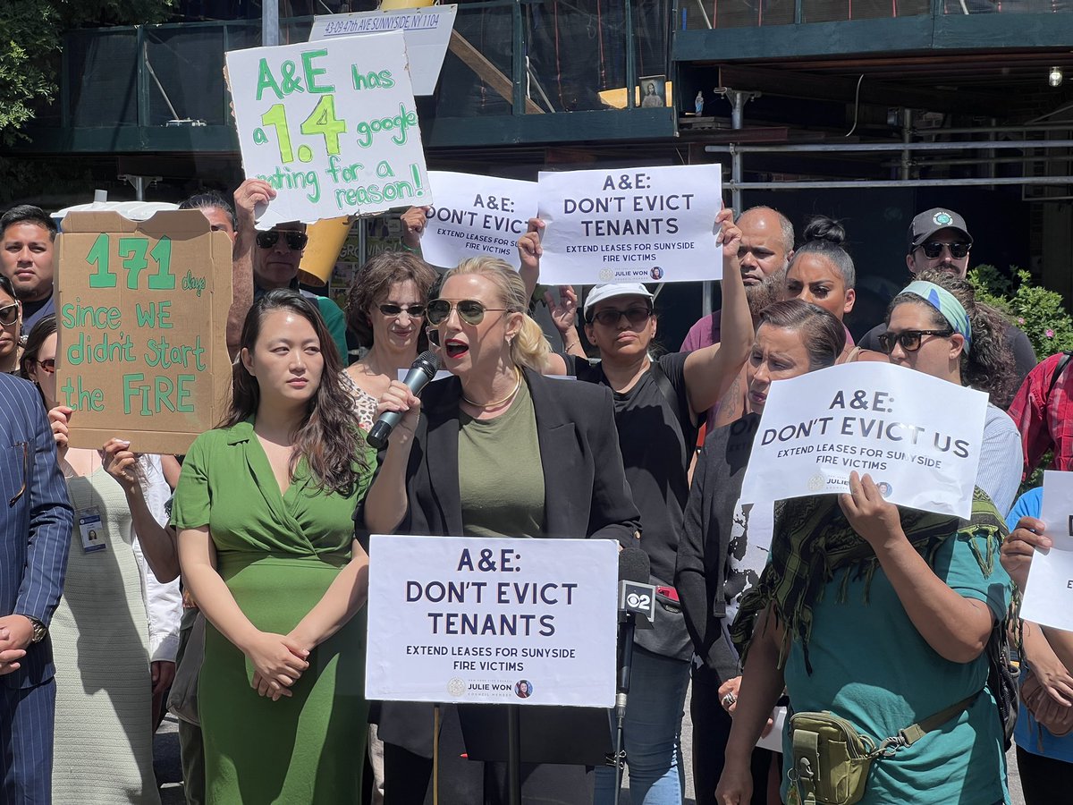 CMJulieWon's tweet photo. Today our community rallied with tenants from 43-09 47th Ave to call on A&amp;E Real Estate to do the right thing and stop the eviction of tenants displaced by the 5-Alarm fire in Sunnyside in Dec 2023. @NydiaVelazquez @SenGianaris @DRichardsQNS @scs4ny @SunnysideShines @NHSofQueens https://t.co/HWtb806pO5