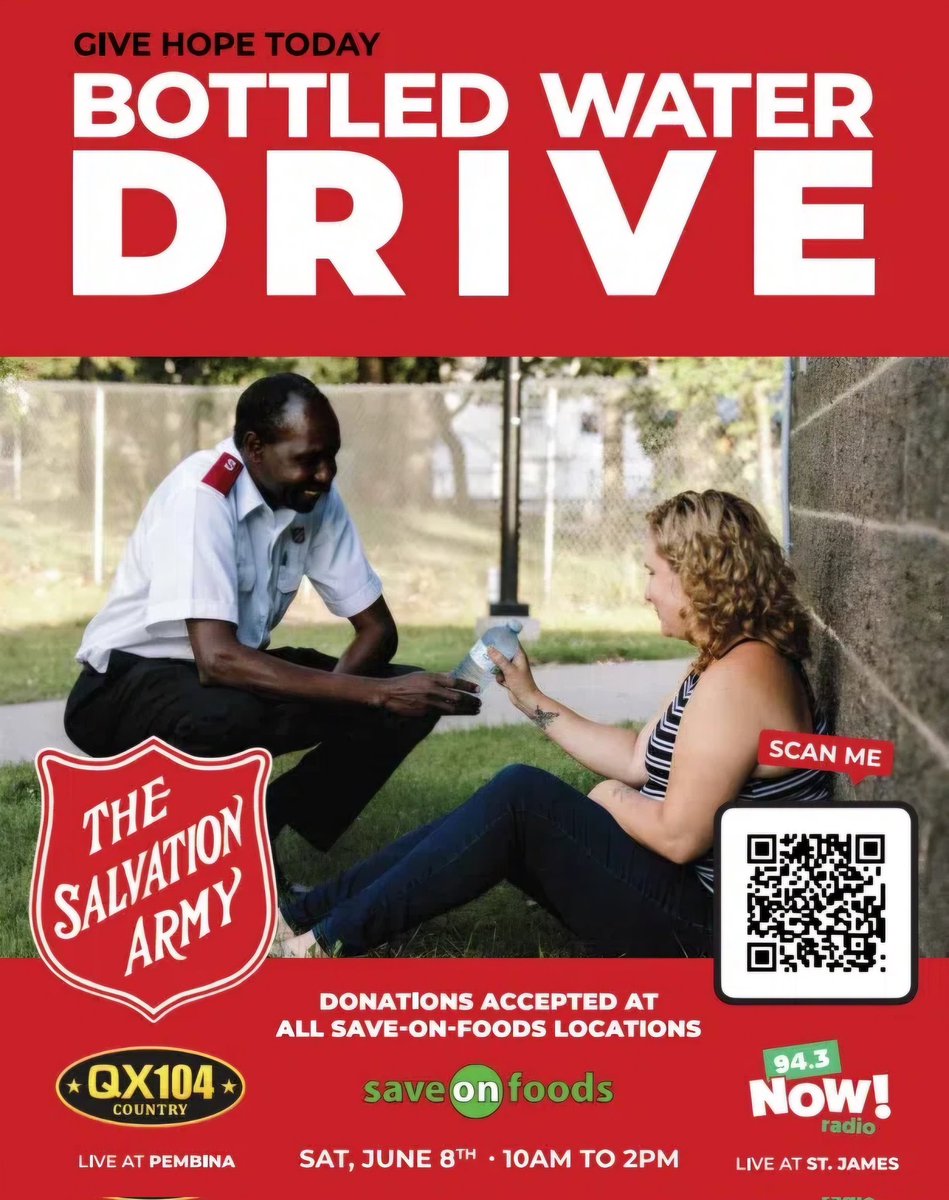 QX104winnipeg's tweet photo. Summers get hot in Winnipeg and the Salvation Army is always there helping the most vulnerable in our community. 

Stop by any @saveonfoods today and donate a case of water!

https://t.co/CofwJ59Dk5 https://t.co/K89V3cCzjn