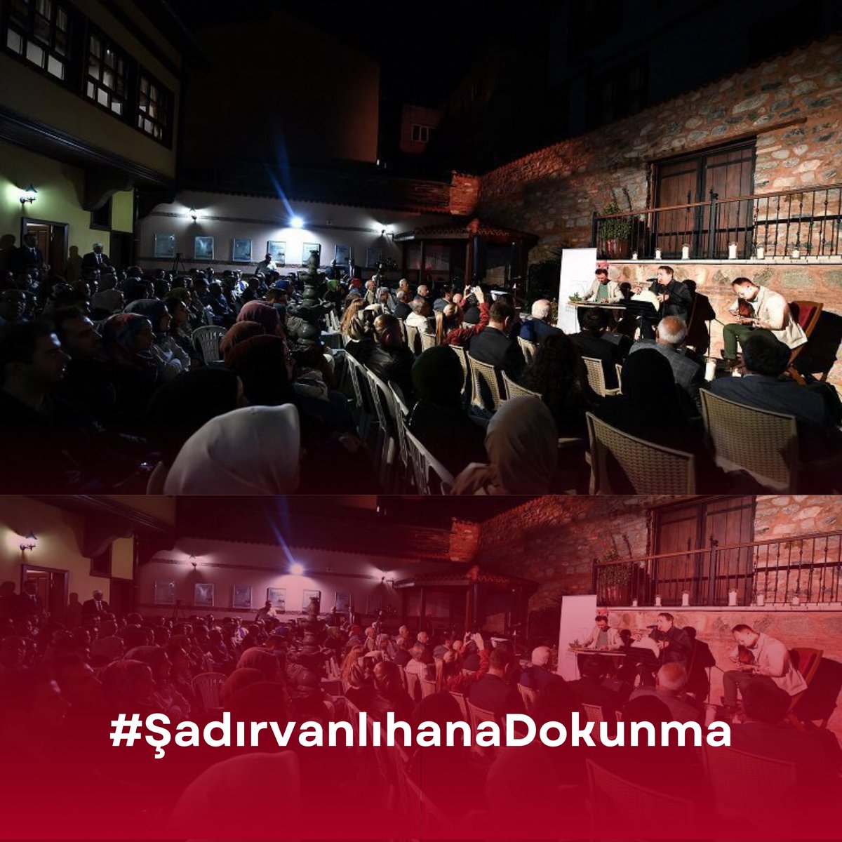 Her şehrin bir manevi atmosferi vardır Bursa'nın manevi atmosferini yansıtan en nadide yerlerden biride şadırvanlıhandır Bu manevi atmosferi yok etme kararından lütfen vazgeçin. 
<a href="/eczozgurozel/">Özgür Özel</a>
<a href="/mustafabozbey/">Mustafa Bozbey</a>
<a href="/erkanecz/">Erkan AYDIN</a>
#şadırvanlıhanadokunma