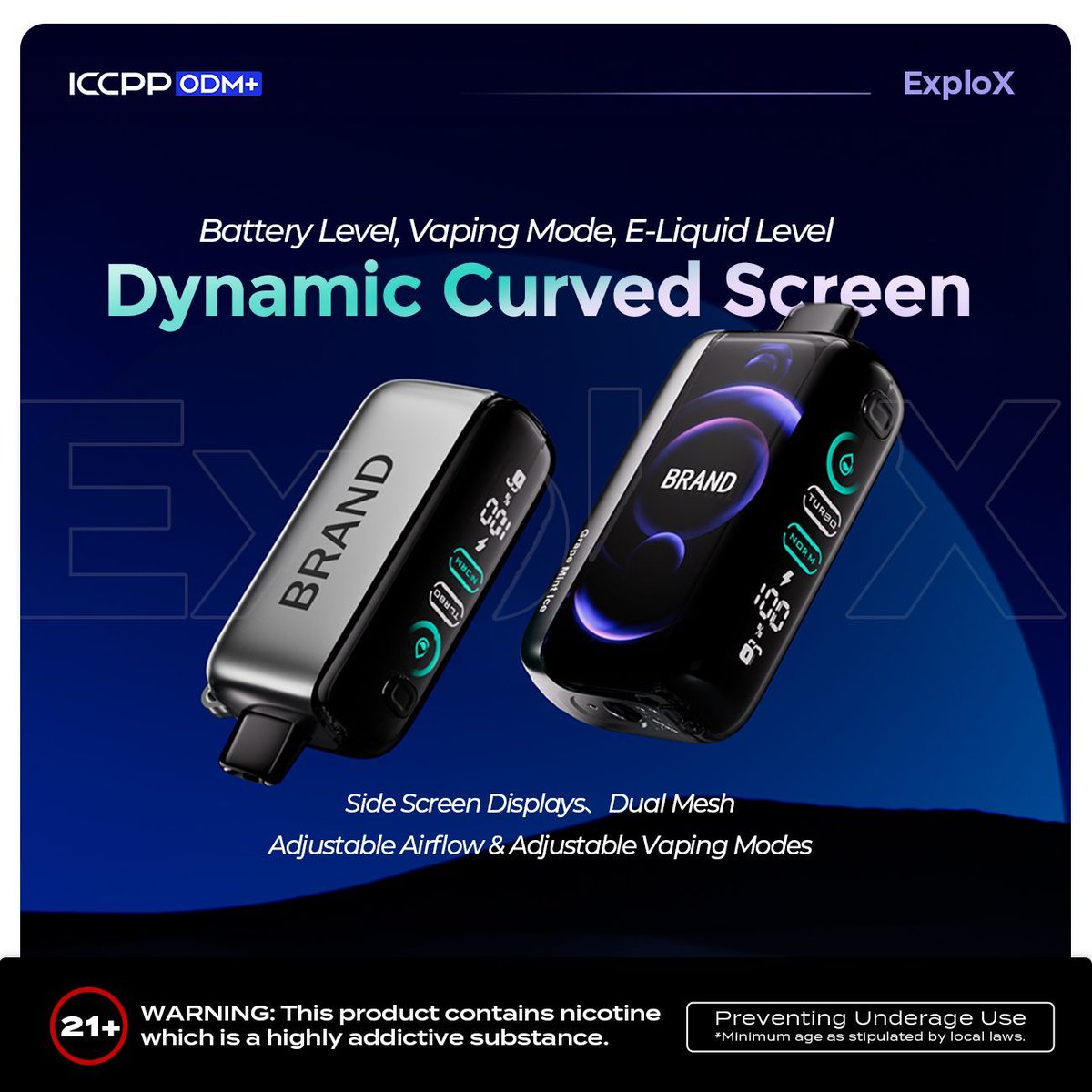 ExploX is being unleashed during the @worldvapeshow in Dubai. The leading technology is Dynamic Curved Screen, a practical tool for real-time battery and e-liquid monitoring. ExpolX has different modes and adjustable airflow！ 
Catch ExploX only at ICCPP's booth @ 1100 in Hall 1