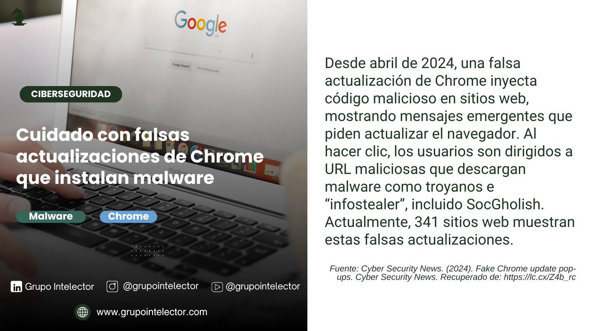GIntelector's tweet image. Alerta de ciberseguridad❗️
Falsas actualizaciones de Chrome están instalando malware en dispositivos. No caigas en la trampa y actualiza tu navegador solo desde fuentes oficiales. ¡Mantente seguro!
Lee la nota completa: lc.cx/Z4b_rc
#Ciberseguridad #Malware #Intelector