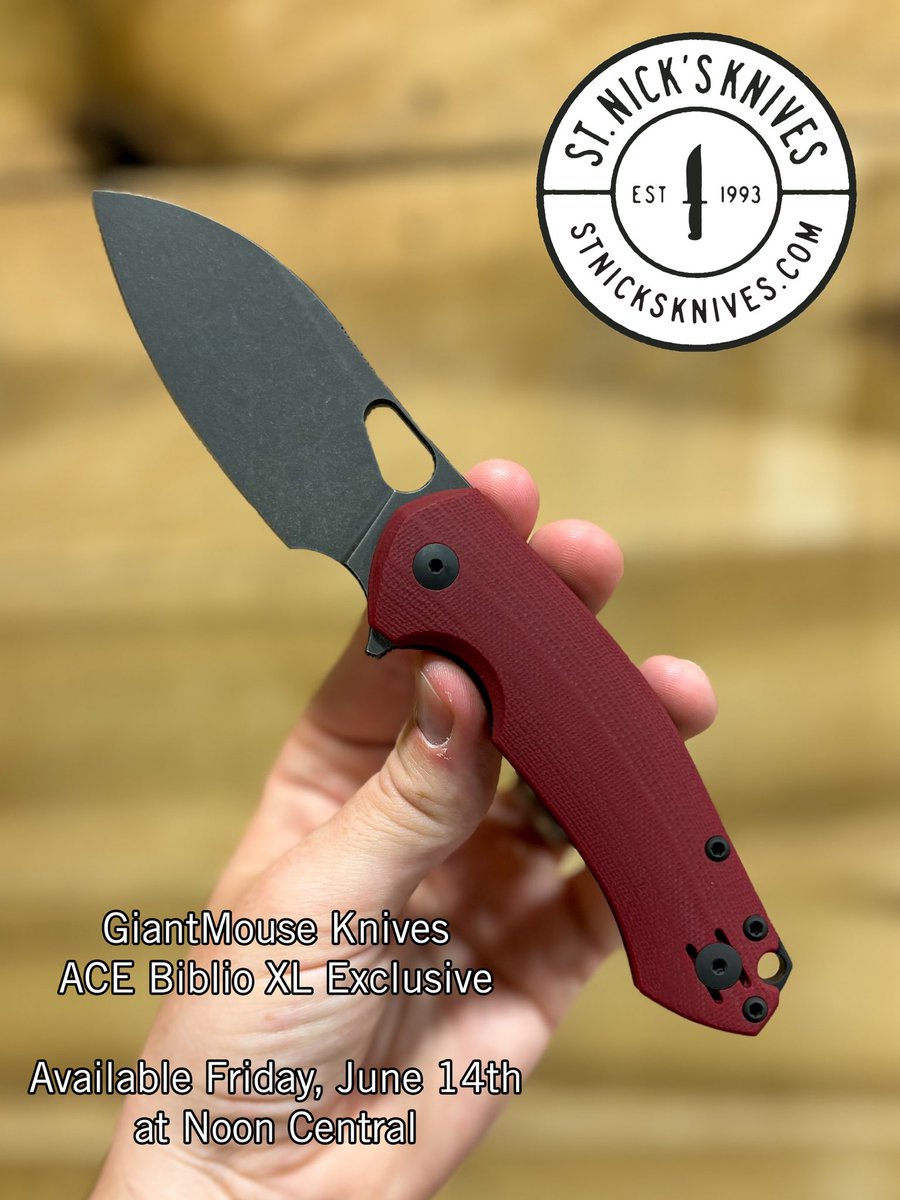 St. Nick's Knives (@stnicksknives) on Twitter photo St. Nick’s Knives is excited to announce our next Exclusive - The <a href="/GiantMouse_LLC/">GiantMouse</a> Biblio XL in Vanadis 4E! These will be available Friday, June 14th at Noon central time. Only 300 of these were made so this grab one while you can! St. Nick’s Knives is excited to announce our next Exclusive - The <a href="/GiantMouse_LLC/">GiantMouse</a> Biblio XL in Vanadis 4E! These will be available Friday, June 14th at Noon central time. Only 300 of these were made so this grab one while you can!