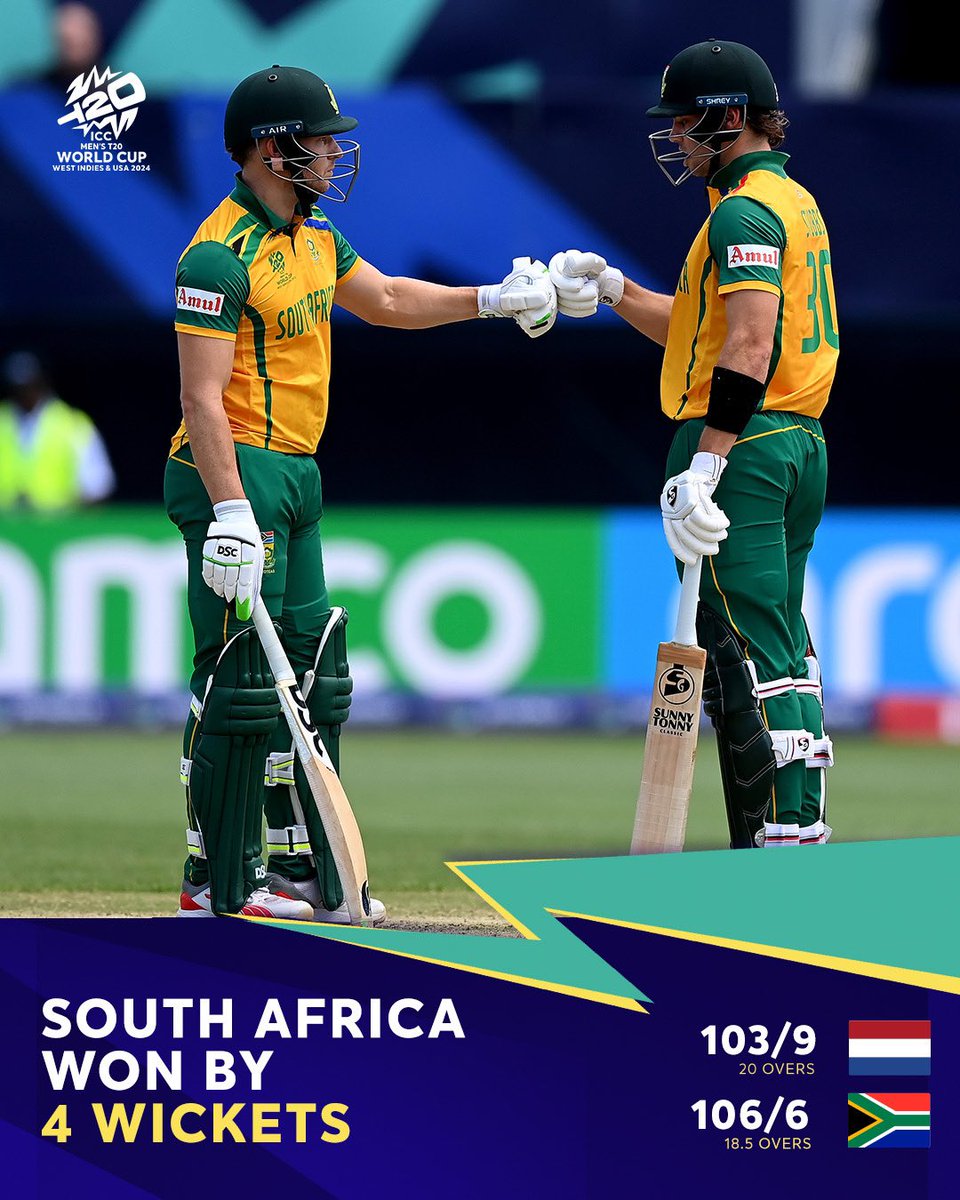 ProteasMenCSA's tweet photo. JOB DONE IN NYC. 🗽| #NEDvSA 

David Miller leads us to victory. 

That’s 2 wins in 2 matches. 🟢🟡

#WozaNawe #BePartOfIt 
#OutOfThisWorld #T20WorldCup https://t.co/ml7Ux8r7mG