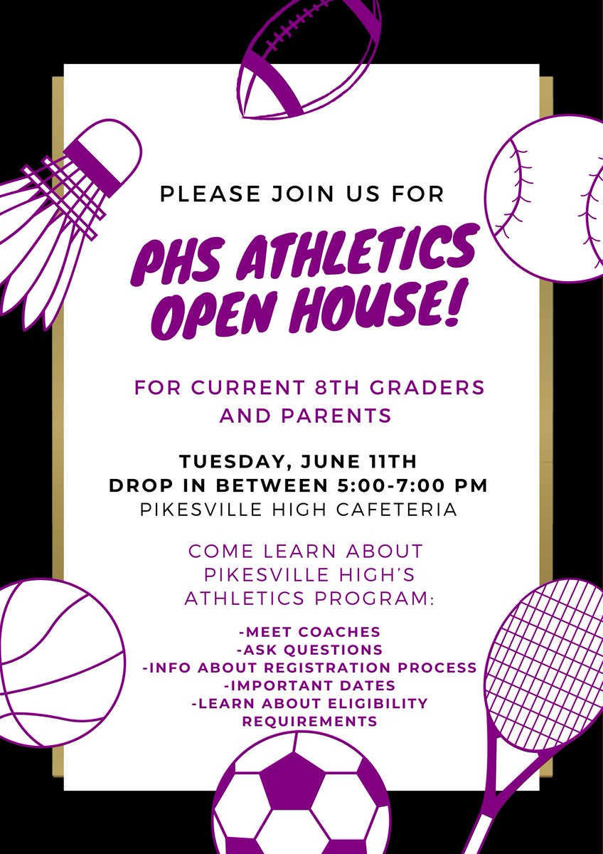 mattsamay's tweet photo. Attention all 8th graders heading to @PikesvilleHS next school year.--Stop by our Open House to learn about @PikesvilleA Athletics. @PikesvilleM @sudbrookmagnet @NAHSBCPS @JosephKyria https://t.co/hfT2ki4SmC