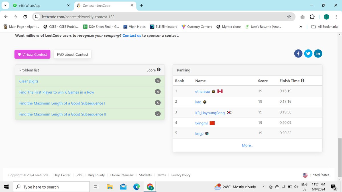 prathameshL32's tweet photo. Could solve all 4/4 in Leetcode Biweekly 132. 3rd was Dp. Did it with Memoization. 4th was little challenging as it needed more optimized version of 3rd. But managed to it solve in the last minute. Feeling Confident.  #leetcode #contest #coding https://t.co/PkiRX8KKwo