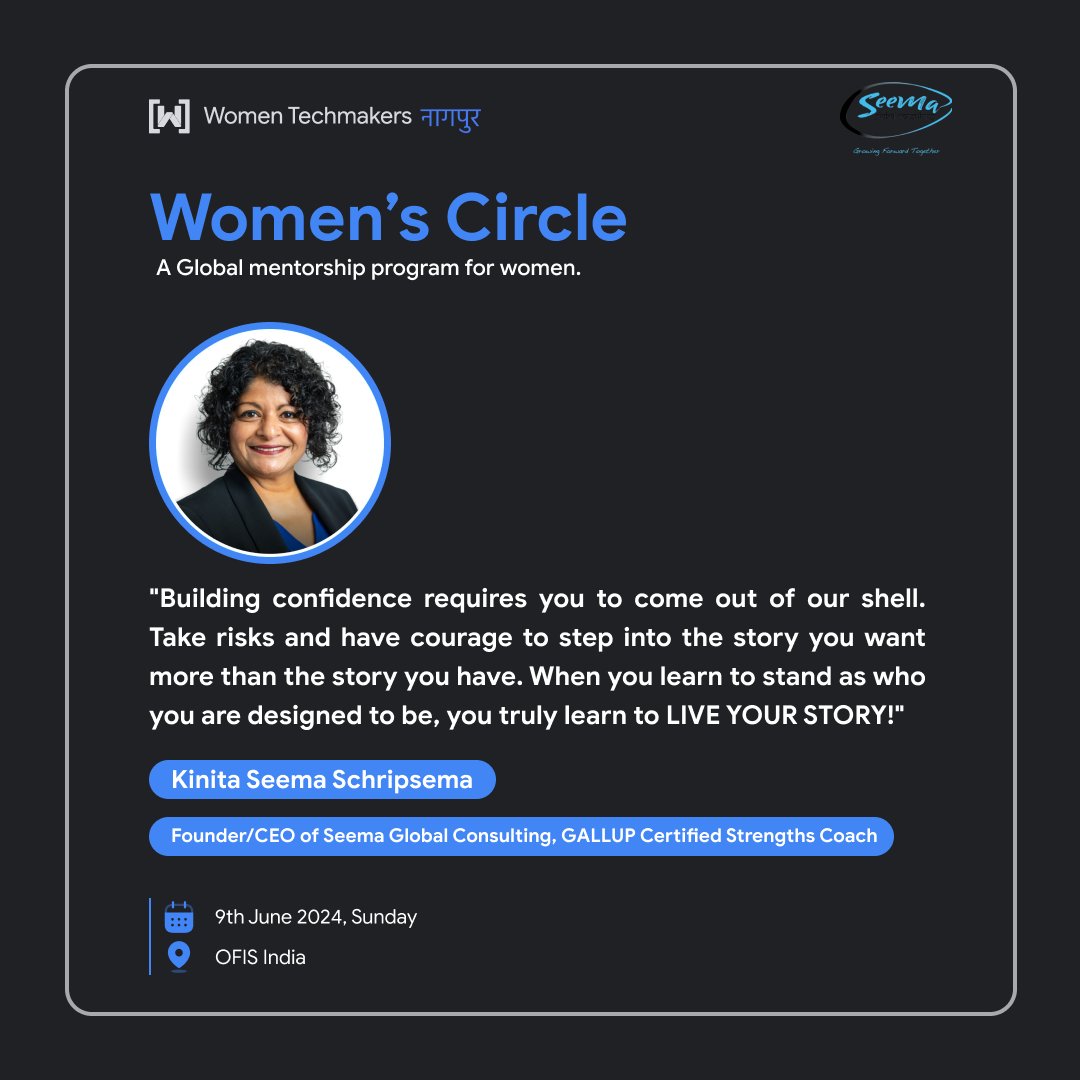 wtmnagpur's tweet photo. We're truly excited to invite y'all for our much awaited event Women's Circle with our exemplary speakers. Do join us to witness the wisdom they share. 
#womentechmakers #wtmnagpur https://t.co/oEuILZ5ZuY
