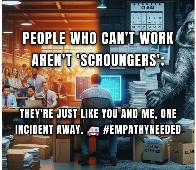PhoenixRizin09's tweet photo. People who can't work AREN'T 'Scrougers' or 'Malingerers' or 'Faking'
They're just like YOU and ME,
One Incident Away! #EmpathyNeeded
#WorkersRights #Workers #workerscompisaright #federalwcb #iwujc #injuredworkers https://t.co/CWXt1pc7i6