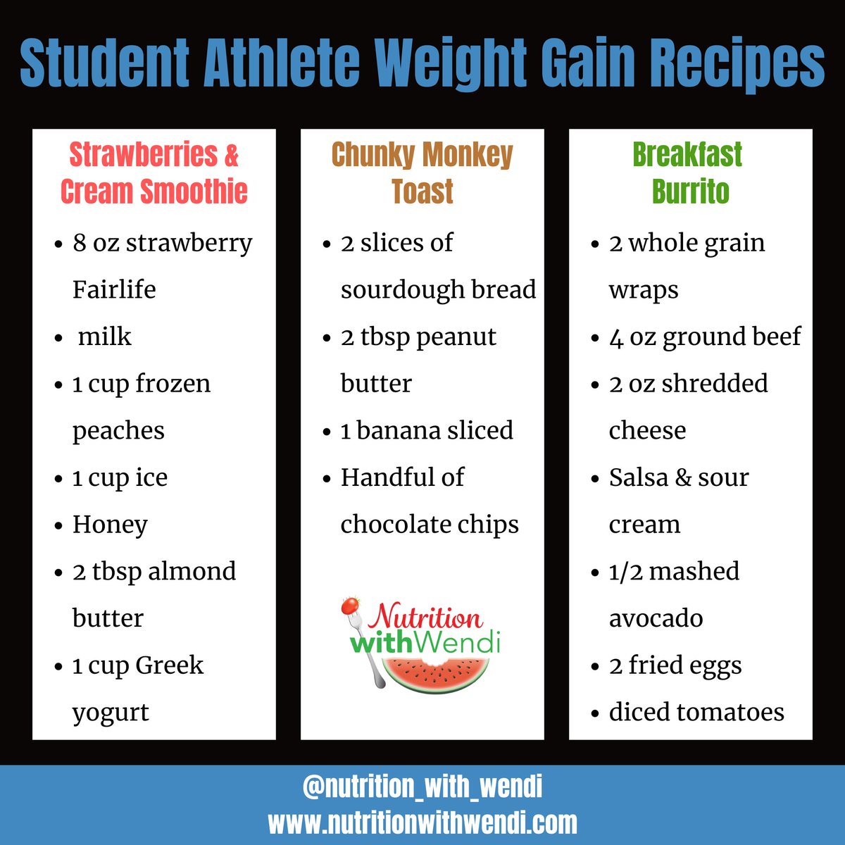 Simple weight gain recipes for the busy student-athlete looking to add muscle this summer! 

For more tips and resources on fueling health and performance check out my weight gain blog HERE:nutritionwithwendi.com/blog/nutrition…