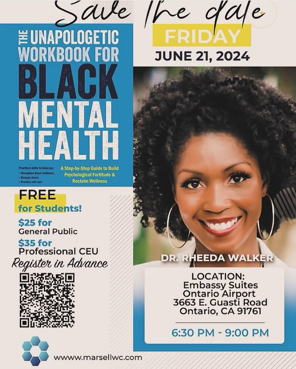 Dr. Rheeda Walker (@rheedawalkerphd) on Twitter photo Southern Cali, I’m headed your way! You don’t wanna miss out!
Repost from @mental_health_marty
•
Join us on Friday, June 21 at the Ontario Embassy Suites featuring the dynamic <a href="/rheedawalkerphd/">Dr. Rheeda Walker</a> as she shares from her renowned book, The Unapologetic Guide to Black Mental Health Southern Cali, I’m headed your way! You don’t wanna miss out!
Repost from @mental_health_marty
•
Join us on Friday, June 21 at the Ontario Embassy Suites featuring the dynamic <a href="/rheedawalkerphd/">Dr. Rheeda Walker</a> as she shares from her renowned book, The Unapologetic Guide to Black Mental Health