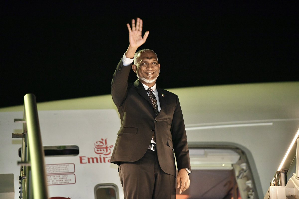 presidencymv's tweet photo. President H.E. Dr @MMuizzu departs to India, at the invitation of Prime Minister H.E. @narendramodi, to attend the swearing-in ceremony of the Prime Minister and Council of Ministers of the Government of India.  
 
The swearing-in ceremony is scheduled to take place on June 9th 2024.