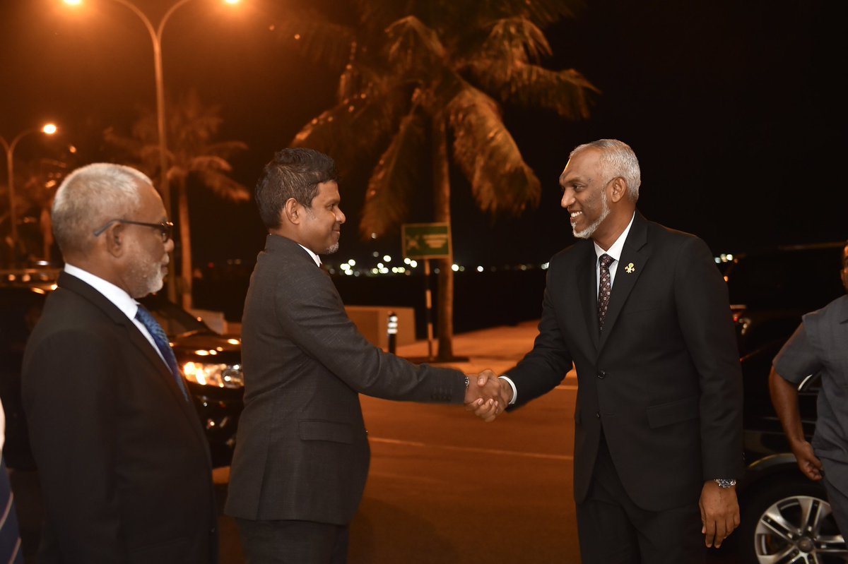 presidencymv's tweet photo. President H.E. Dr @MMuizzu departs to India, at the invitation of Prime Minister H.E. @narendramodi, to attend the swearing-in ceremony of the Prime Minister and Council of Ministers of the Government of India.  
 
The swearing-in ceremony is scheduled to take place on June 9th 2024.