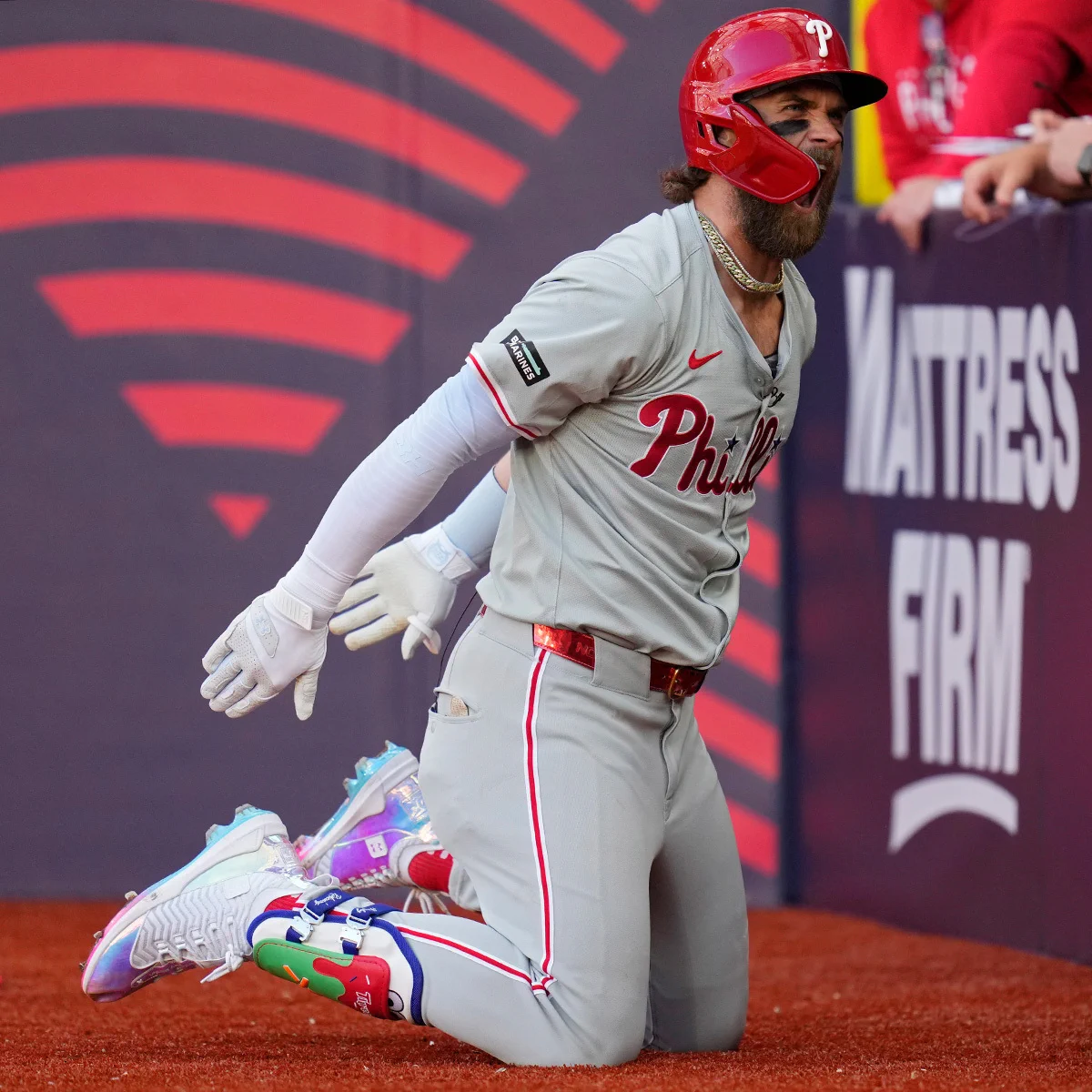 Bryce Harper imitating a soccer celebration after hitting a home run in London Series Game 1.