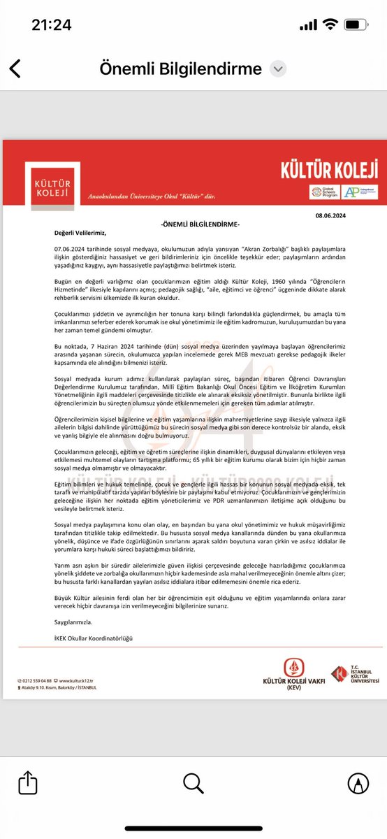 Son 2 aydır evladımızla birlikte canlı canlı yaşayarak okulun ısrarlı eylemsizliği ile perişan edildiğimiz süreç hakkında okulun yaptığı paylaşım budur. Bu yazıda okulun süreç yonetimiyle ilgili yaptığını  iddia ettiği her şey gerçeklerden son derece uzaktır. Bilginize…
