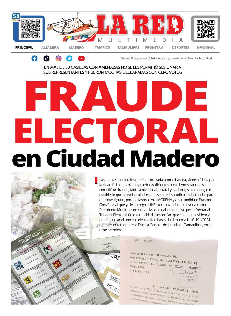 #Tamaulipas Comienzan impugnaciones por fraude en elecciones. #Madero va por la anulación del proceso electoral donde el huachicolero <a href="/erasmoglz/">Erasmo González</a> coaccionó, amenazó y compró el voto, además de presuntamente mandar secuestrar casillas enteras.