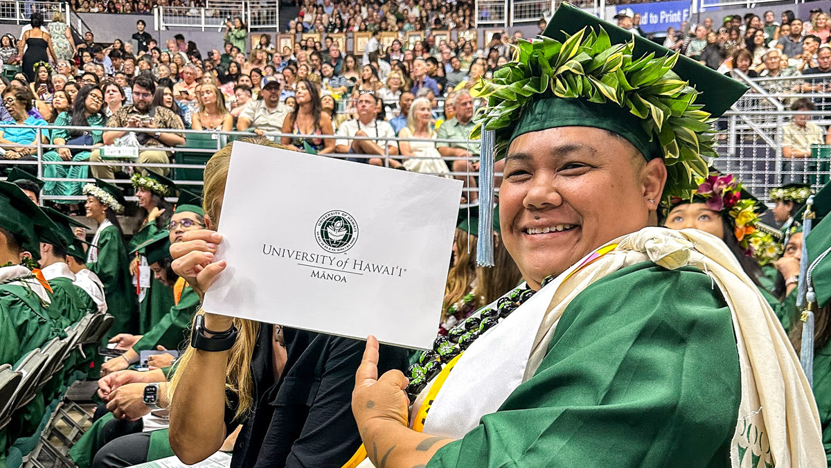 uhmanoa's tweet photo. Deaf graduate inspires keiki through journey of triumph - Amber Lehano discovered that the @uhmanoacoe was creating a new cohort that was specific to severe disabilities and autism, which she jumped at the opportunity to apply ➡️ https://t.co/A0D6SKWPEN #FacesOfManoa #ManoaGrad https://t.co/H79OMZ7lxl