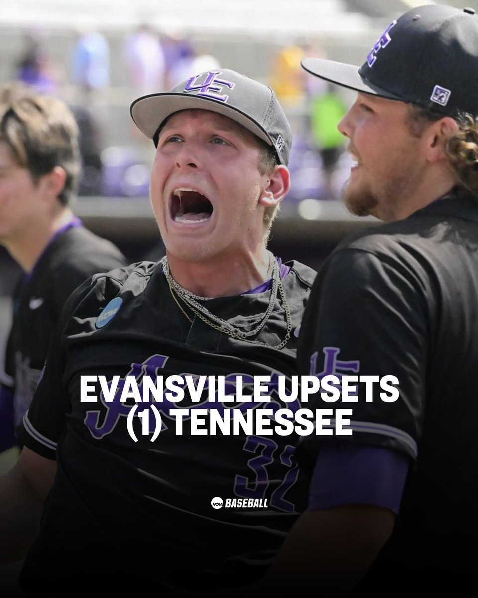 NCAA Baseball (@ncaabaseball) on Twitter photo .<a href="/UEAthleticsBASE/">Evansville Purple Aces Baseball</a> forces Game 3 and upsets (1) Tennessee, 10-8.
#RoadToOmaha .<a href="/UEAthleticsBASE/">Evansville Purple Aces Baseball</a> forces Game 3 and upsets (1) Tennessee, 10-8.
#RoadToOmaha