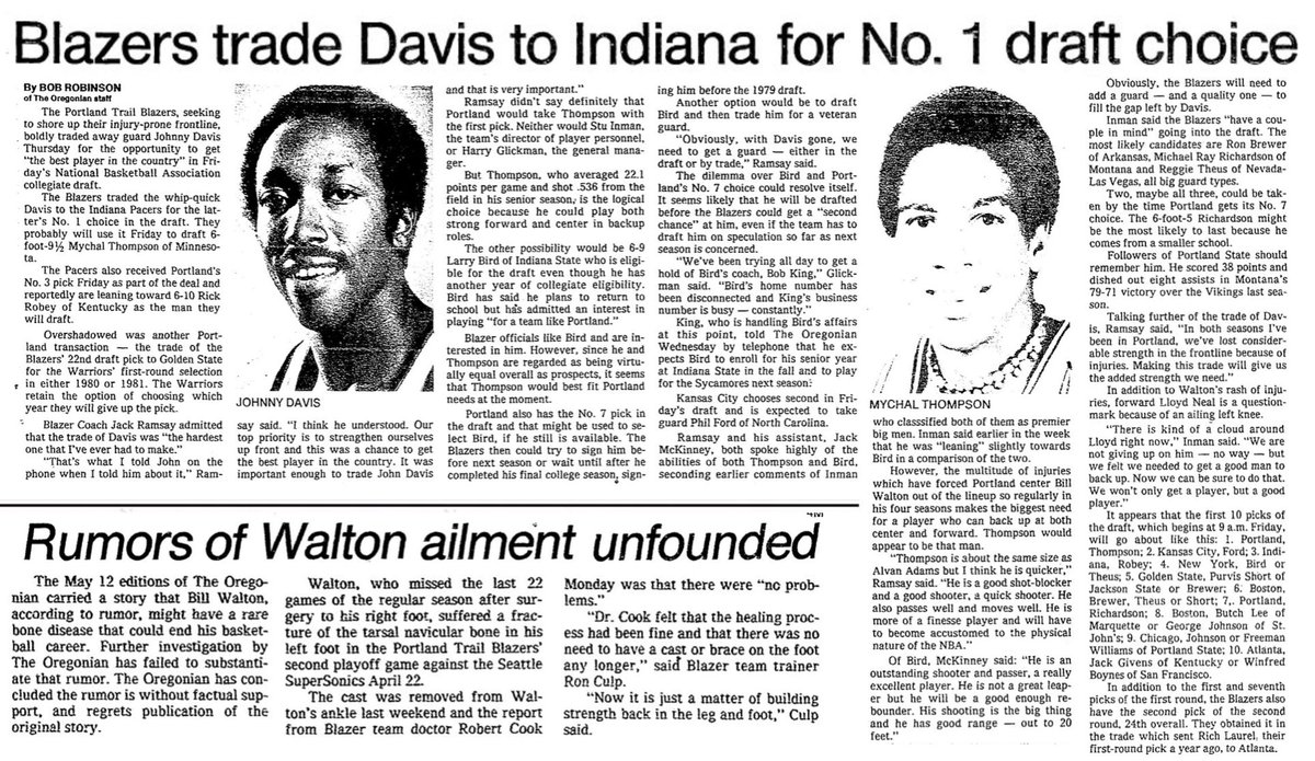 77Blazers's tweet photo. June 8 1978 - The @trailblazers traded guard #JohnnyDavis and the # 3 pick in the draft tomorrow to the @Pacers for the # 1 pick. The #Blazers are expected to select @champagnennuts of @GopherMBB

With the 7th pick, the Blazers are expected to select #LarryBird if he is still available. Portland's attempt to reach the @indianastate coach #BobKing, who represents Bird, have been to no avail. Blazers VP #HarryGlickman says, "Bird's home number has been disconnected and King's business number is busy, constantly."

If Bird is selected before the 7th pick, Portland is looking at replacing Davis with @MichaelSugarRay of @MontanaGrizBB, #RonBrewer of @RazorbackMBB, or @ReggieTheus of @TheRunninRebels.

In other news, the @Oregonian regrets a report from May 12 that #BillWalton has a rare bone disease that would end his career. The paper concluded the report was "without factual support"

#RipCity #ThisDateinBlazersHistory