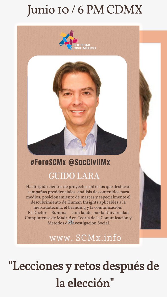 #SaveTheDateSCMx

🎙️: “Lecciones y retos después de la elección”

Charla con <a href="/GuidoLara/">guido lara</a>, CEO de LEXIA Insights &amp; Solutions 
<a href="/LEXIAGlobal/">LEXIA</a> #MenteSocial

Acceso: x.com/i/spaces/1mrxm…

Lunes 10/Junio/6pm CDMX

#ForoSCMx

cc <a href="/analucia_medina/">Ana Lucía Medina 🇲🇽</a>

Por favor compártelo, gracias