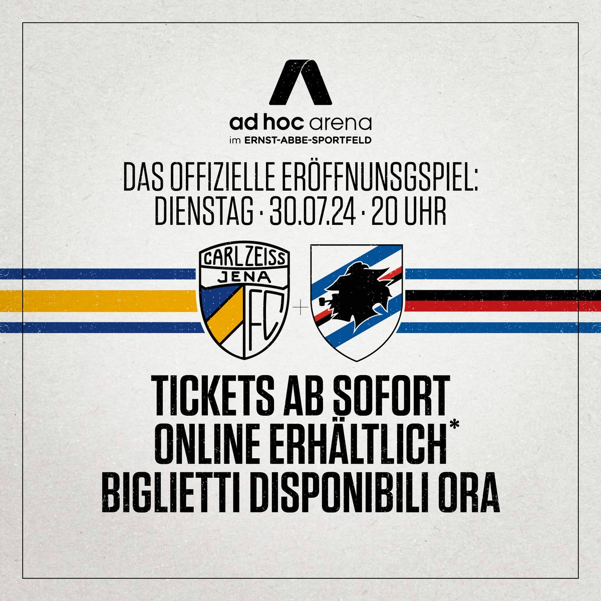 fccarlzeissjena's tweet photo. 𝐁𝐞𝐧𝐯𝐞𝐧𝐮𝐭𝐚, 𝐒𝐚𝐦𝐩𝐝𝐨𝐫𝐢𝐚! 🇮🇹

Die von Andrea Pirlo trainierte @sampdoria wird mit uns die offizielle Stadioneröffnung feiern.

Tickets gibt es ab sofort für DK-Inhaber und Vereinsmitglieder 👉 https://t.co/JdpbQhkPJ2

Alle Infos 👉 https://t.co/XV7BFRZscM

#FCC https://t.co/FPVyOW4ZlX