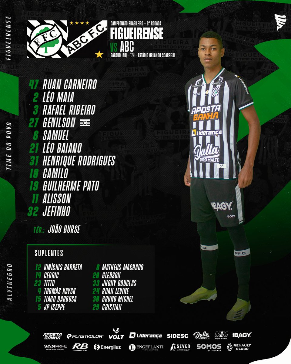 FigueirenseFC's tweet photo. FIGUEIRA PRONTO! 📋
⠀
A escalação do Figueira para encarar o ABC, às 17h, no Estádio Orlando Scarpelli.
⠀
#FIGxABC
#CampeonatoBrasileiro https://t.co/iumW7trHtn