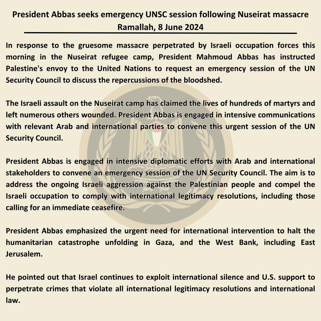 Palestine_UN's tweet photo. Following Israel’s massacre in Nuseirat refugee camp, Palestine will request an emergency Security Council session: https://t.co/LLB04MKAtQ