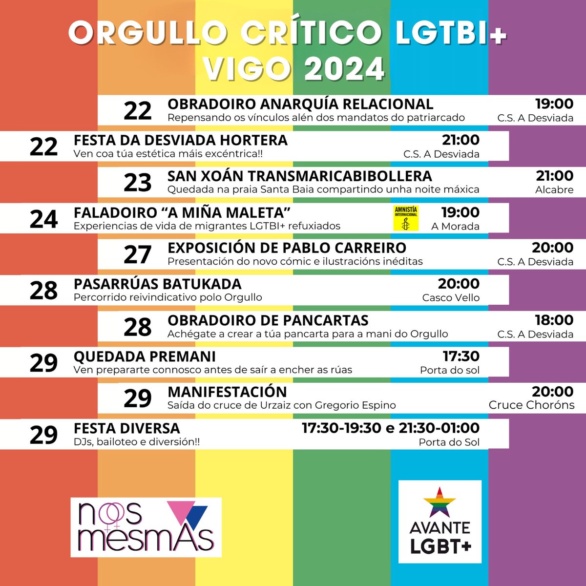Amnistia_Vigo's tweet photo. 👉A non perder o feixe de actividades do #Orgullo en #Vigo con participación d AI
🗓️19X, 19.00 h. @MulticinesNorte
"A realidade migratoria LGTBI+"
24X, faladoiro sb experiencias d migrantes #LGTBI e #refuxiadas
29X mani
#asilo #víaslegaiseseguras #DíadasPersoasRefuxiadas #DDHH https://t.co/B8ZicOJ6wa