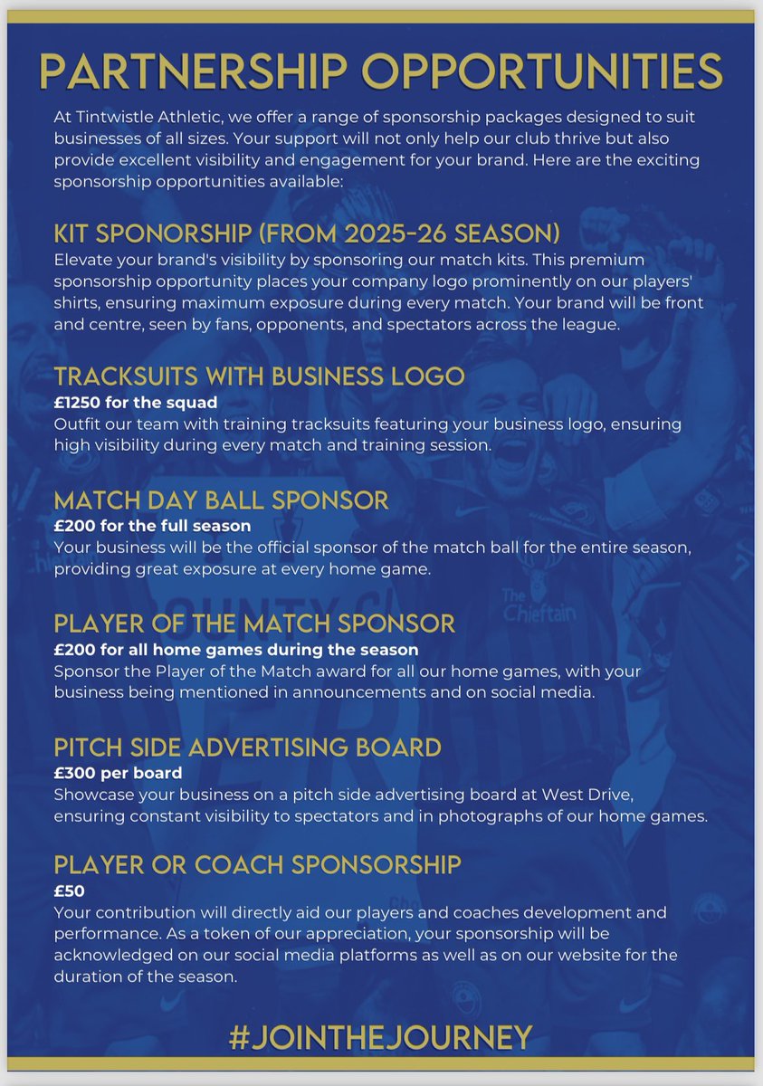 Tintwistle Athletic First Team (@tafc_firsts) on Twitter photo We have lots of different ways you can support our 1st team and be part of the journey as the team goes from strength to strength and now is a perfect time!
For anymore information or to kindly create a partnership please email tafcfirsts@gmail.com π€β½οΈ We have lots of different ways you can support our 1st team and be part of the journey as the team goes from strength to strength and now is a perfect time!
For anymore information or to kindly create a partnership please email tafcfirsts@gmail.com π€β½οΈ