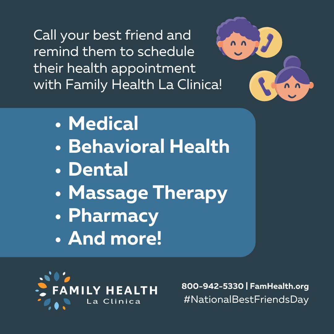Call your best friend and remind them to schedule their #health appointment with Family Health La Clinica at 800-942-5330! 

#fhlcchc #medical #dental #behavioralhealth #massagetherapy