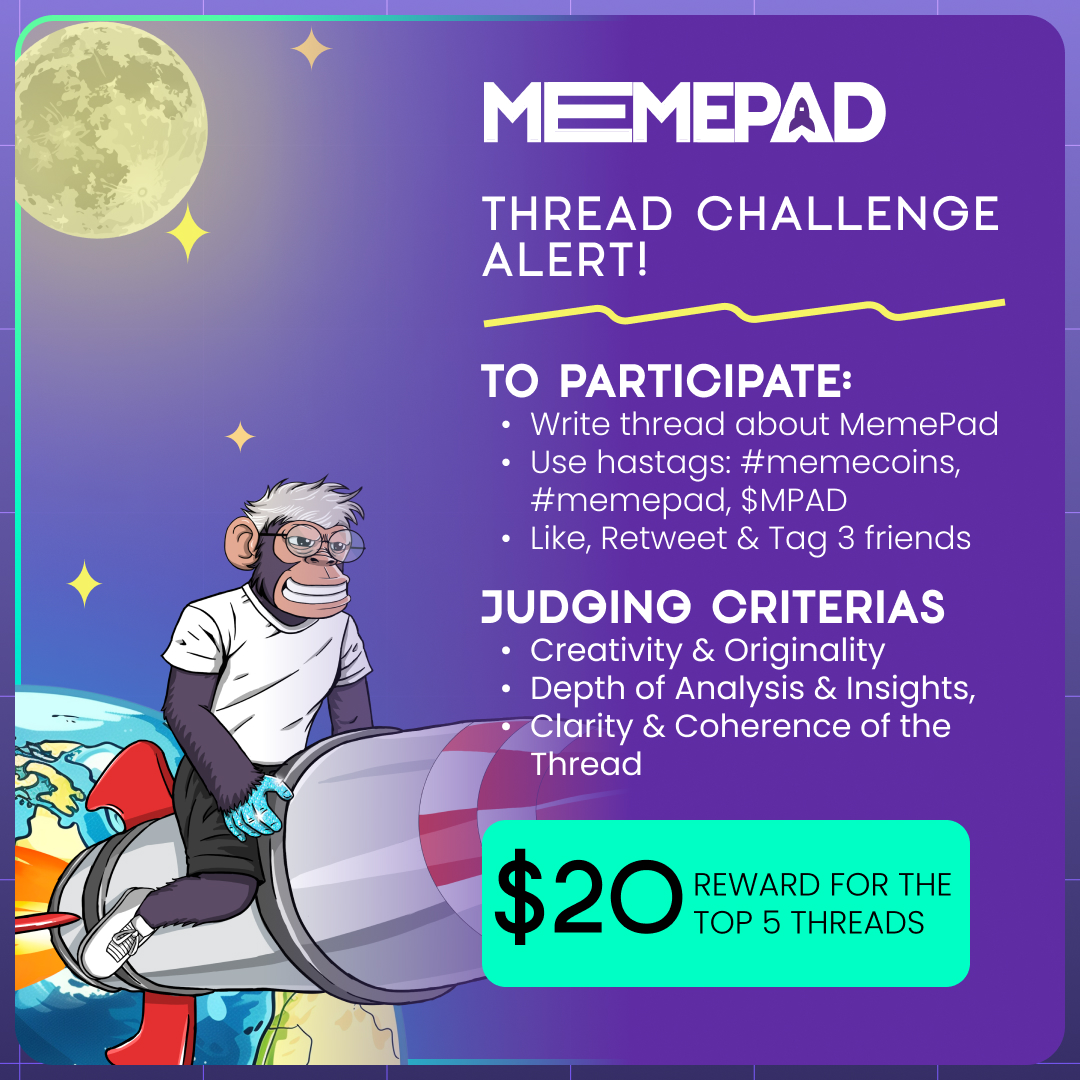 MemePadSol's tweet photo. Be creative and win $20! 🚀

How to Participate 👇

Write a thread explaining how @MemePadSol  revolutionizes meme investments.
Use hashtags #memecoins, #memepad, $MPAD, and tag us.
Like, Retweet &amp; Tag 3 friends to spread the word! https://t.co/mEgqex6ydZ